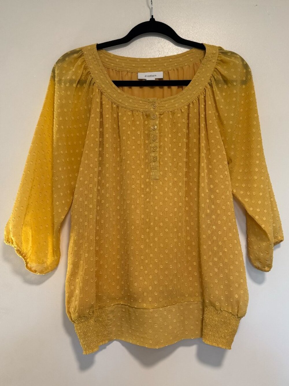 Dressbarn Mustard Yellow Swiss Dot Peasant Blouse, Size Medium